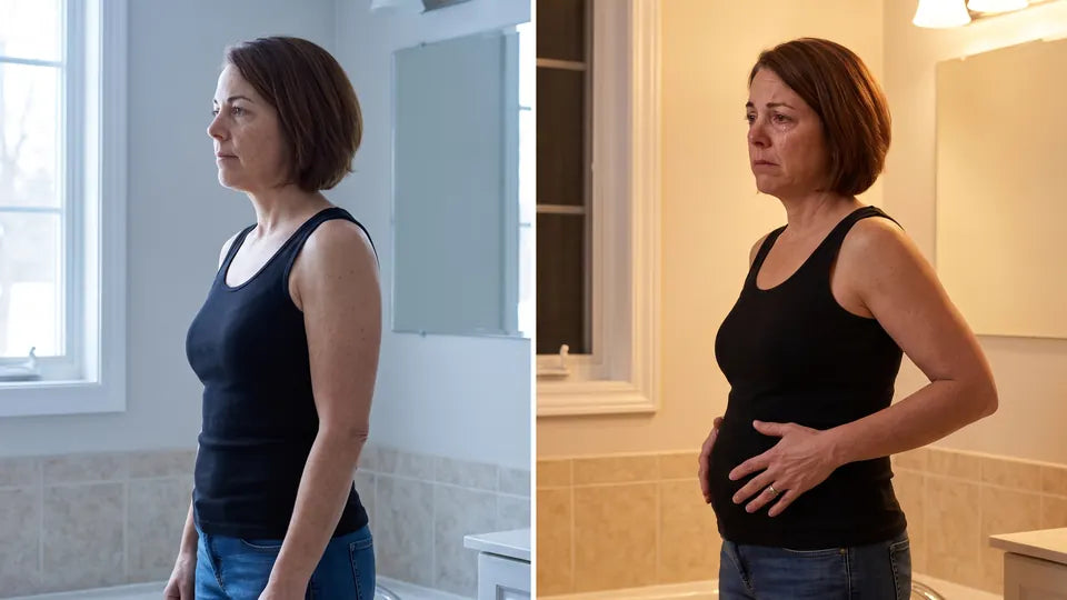 Denise side-on at her bathroom mirror in the same tank top and jeans: flat stomach in the morning, visibly bloated belly in the evening