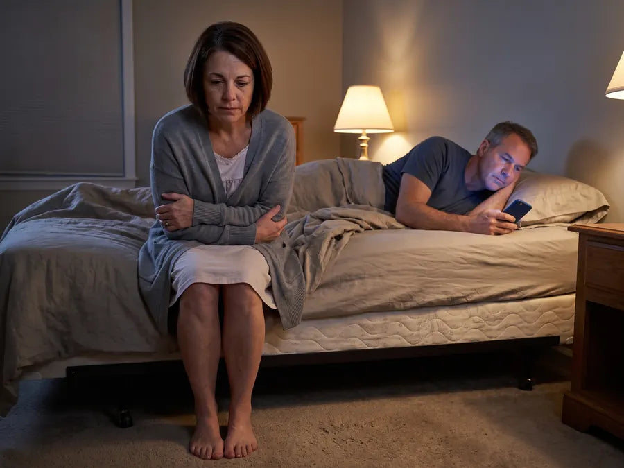 Denise on the edge of the bed at night, pulling a cardigan closed over her stomach while her husband lies turned away with his phone