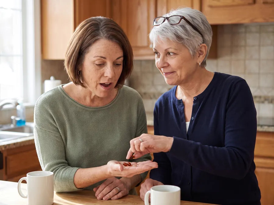 Renee pressing two amber softgels into Denise's palm at the kitchen island
