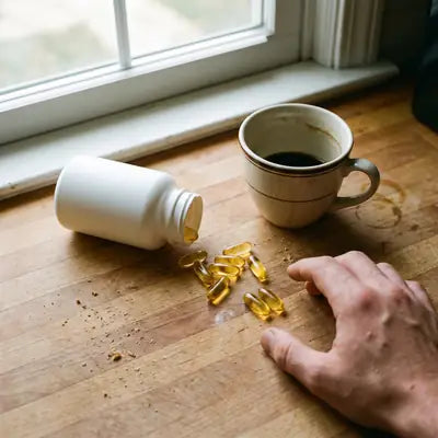 Fish oil softgels spilled from a plain bottle
