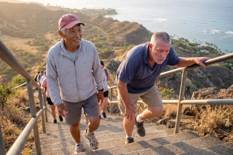 Mr. Okada, 84, climbing the Diamond Head stairs at sunrise while Gary, 64, grips the handrail below him, out of breath