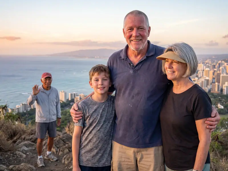 Gary smiling at the summit at sunrise with his wife and grandson while Mr. Okada waves in the background