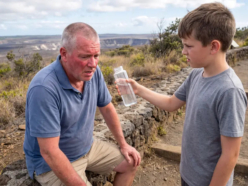 Gary sitting on a stone ledge on the trail, red-faced and out of breath, while his 12-year-old grandson holds out a water bottle