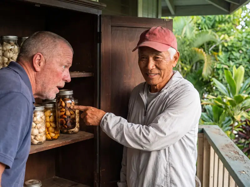 Mr. Okada showing Gary a dark cupboard of glass jars with garlic aging from white to golden to dark brown