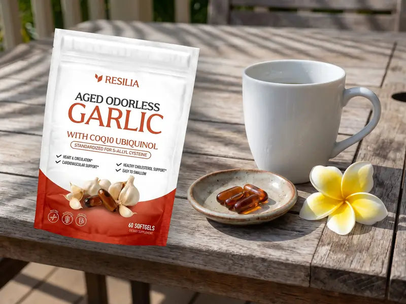 Resilia Aged Odorless Garlic pouch over a sunny lanai table with coffee and amber softgels