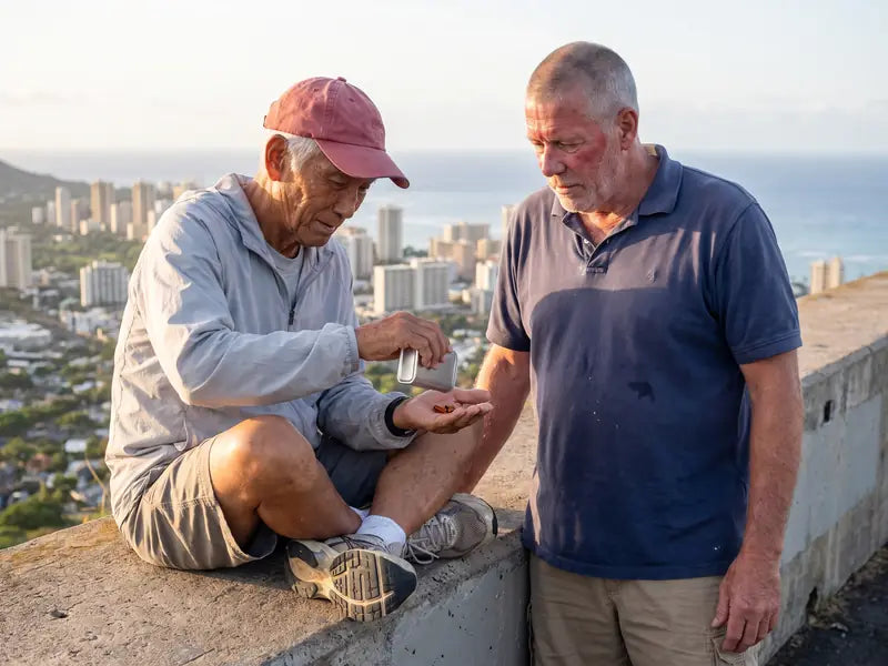 Mr. Okada on the summit wall shaking two amber softgels from a plain silver tin into his palm while Gary watches