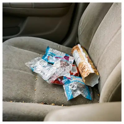 Sugar-free snack wrappers on a car seat