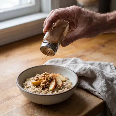 Ground cinnamon sprinkled from a spice jar onto oatmeal