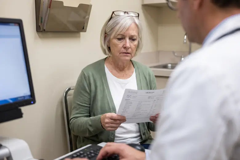 Linda in a doctor's exam room holding her lab printout with a doubtful look while the doctor types with his back turned