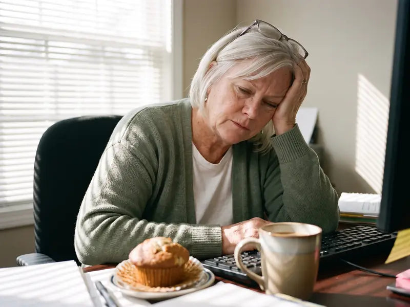 Linda at her office desk at 3 p.m. fighting to keep her eyes open next to a half-eaten muffin