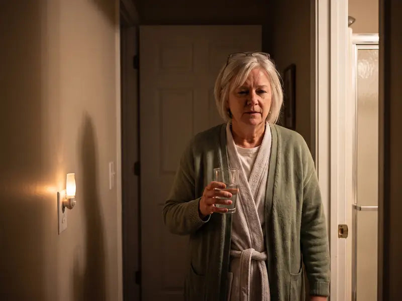 Linda walking back through a dark hallway at 3 a.m. holding a glass of water
