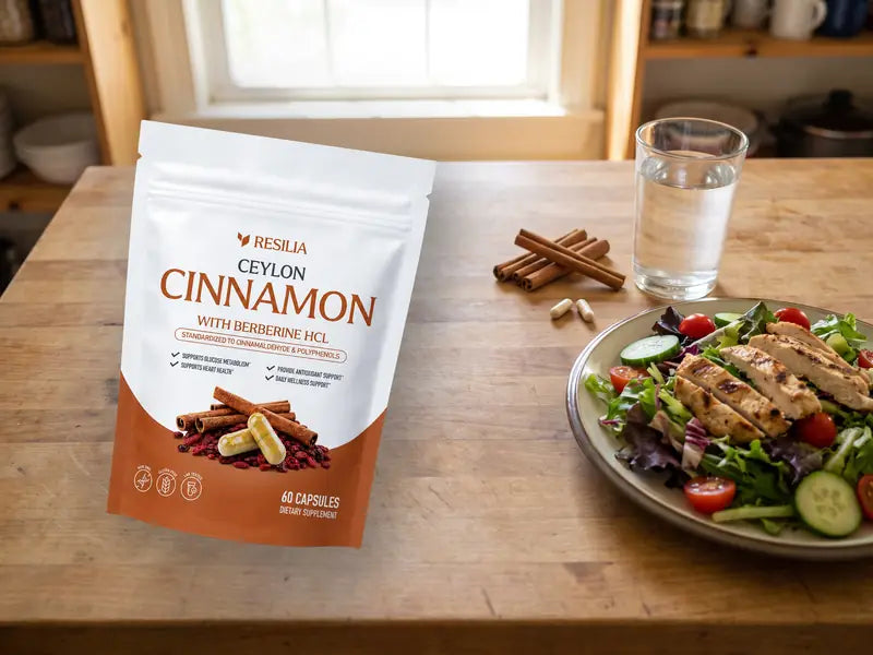 Resilia Ceylon Cinnamon with Berberine pouch over a kitchen counter with a salad, water and cinnamon sticks