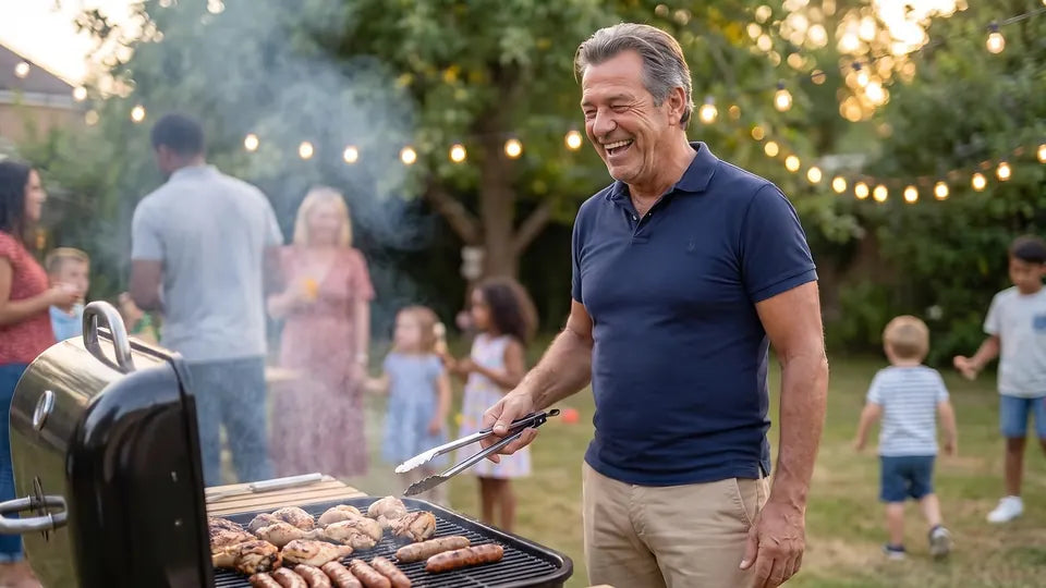 Ray laughing at a backyard cookout, standing at the grill with tongs in a fitted navy polo while family gathers behind him