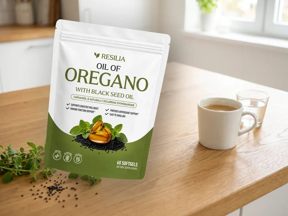 The Resilia Oil of Oregano with Black Seed Oil pouch above a morning kitchen counter with coffee, oregano sprigs and black seeds
