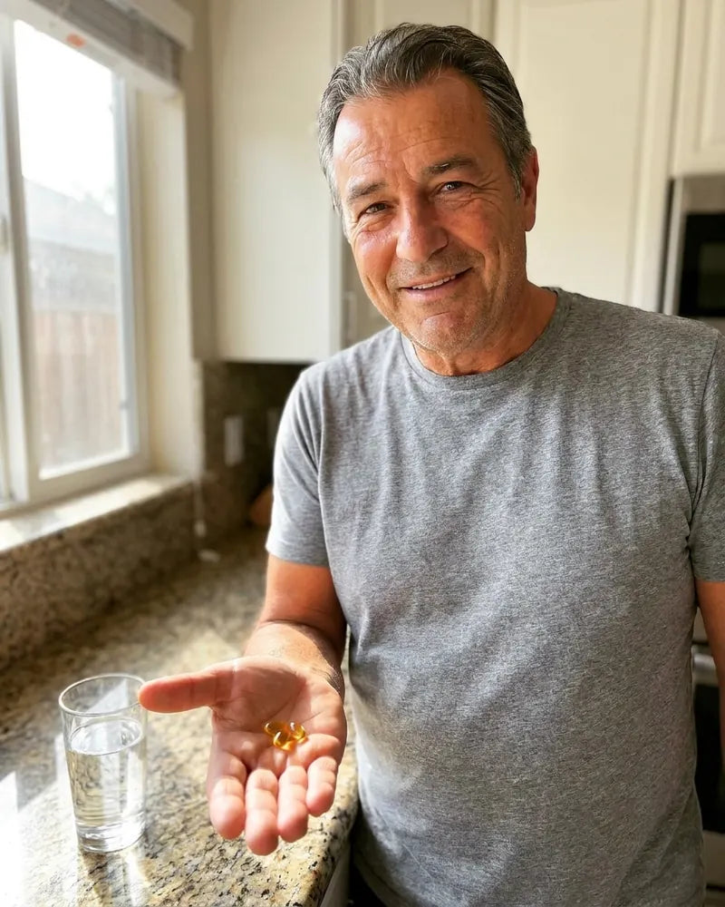 Ray in his kitchen holding two amber softgels in his open palm