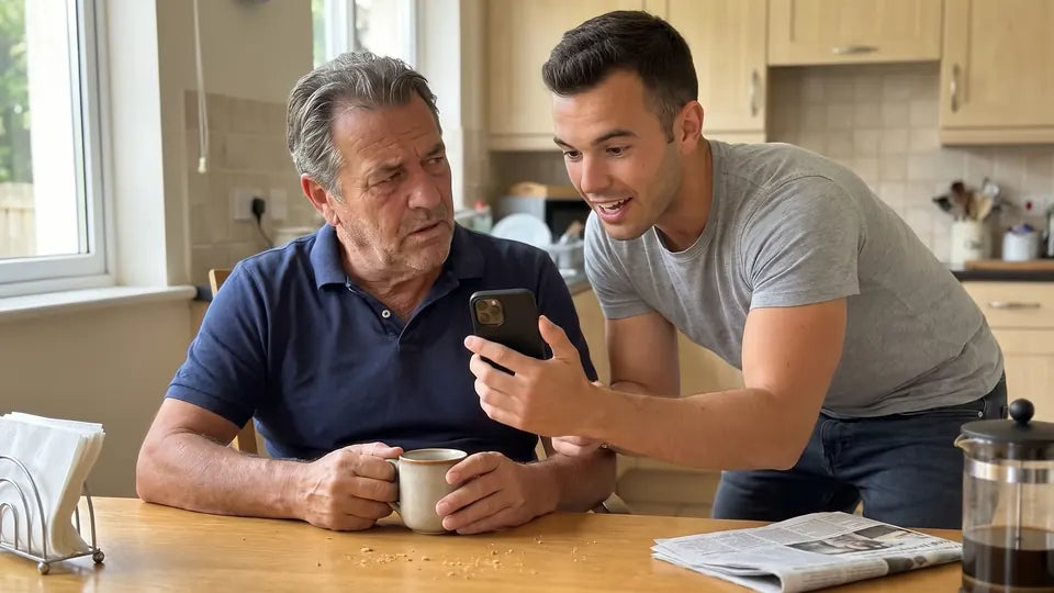 Ray's adult son Marco leaning in at the kitchen table, showing his skeptical father something on his phone over morning coffee