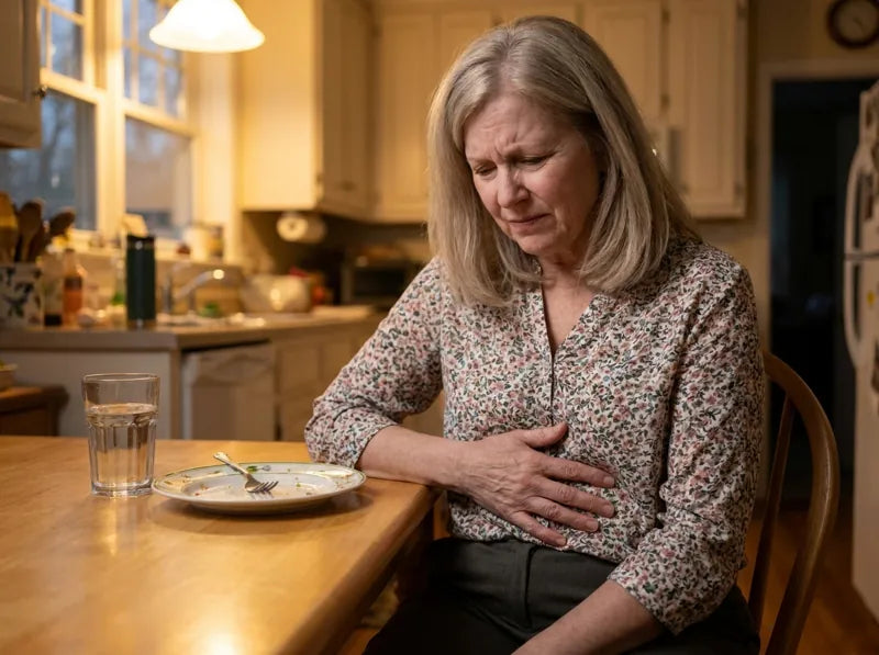 A woman pressing her stomach after dinner