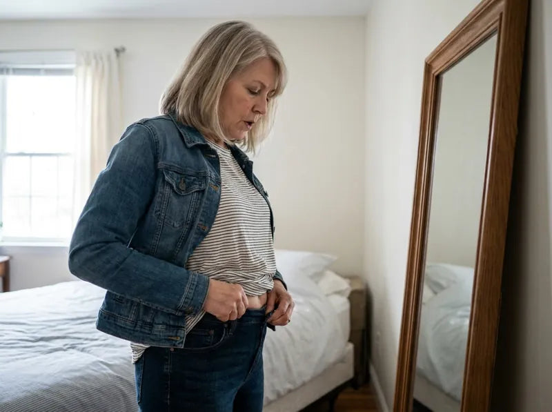 A woman trying to button her jeans