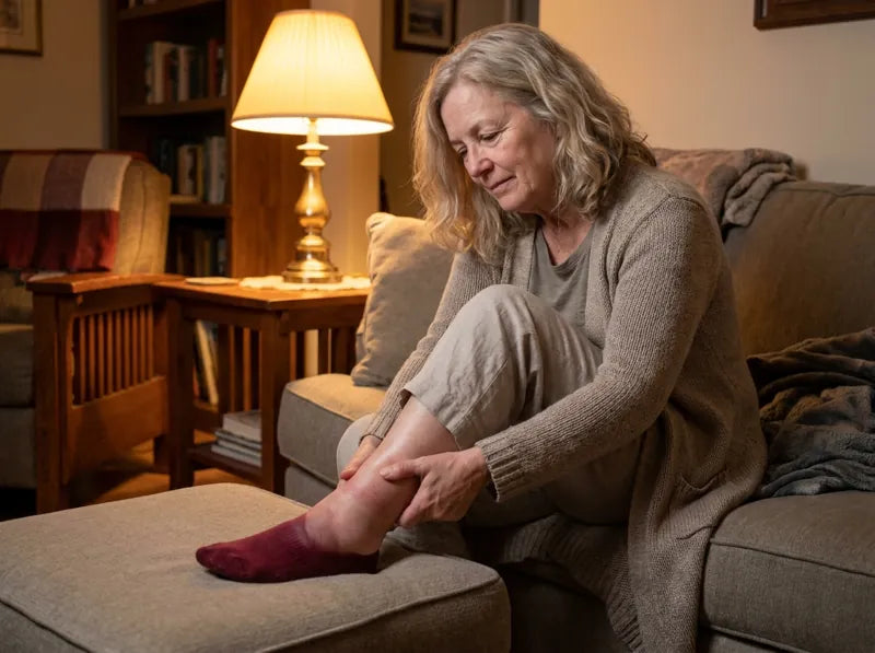 A woman pressing a puffy ankle in the evening