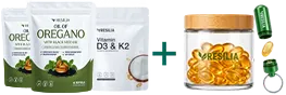 Two oregano bags, vitamin D3 and K2, a glass jar and a travel case