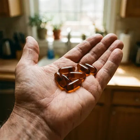 Dark amber aged garlic softgels in a hand