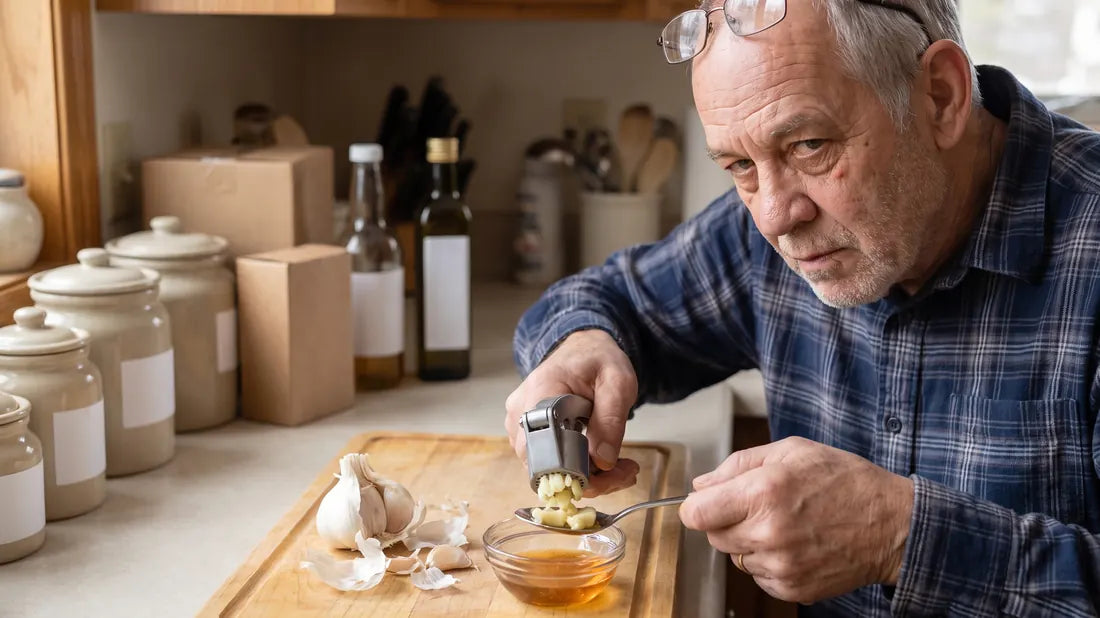 A man in his sixties pressing raw garlic cloves into a spoon of honey at his kitchen counter