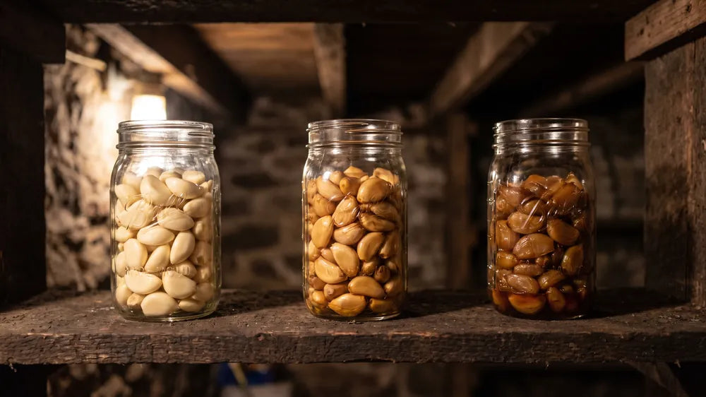 Three jars of garlic cloves aging on a dark shelf, darker from left to right