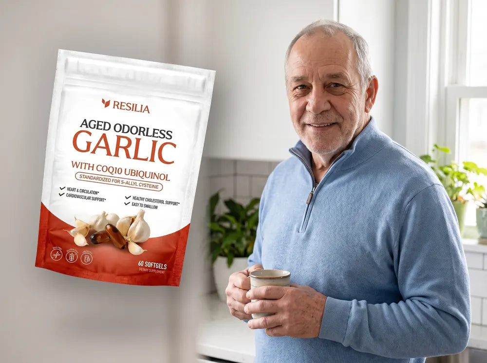 The Resilia Aged Odorless Garlic pouch floating beside a smiling older man holding a coffee mug in his kitchen