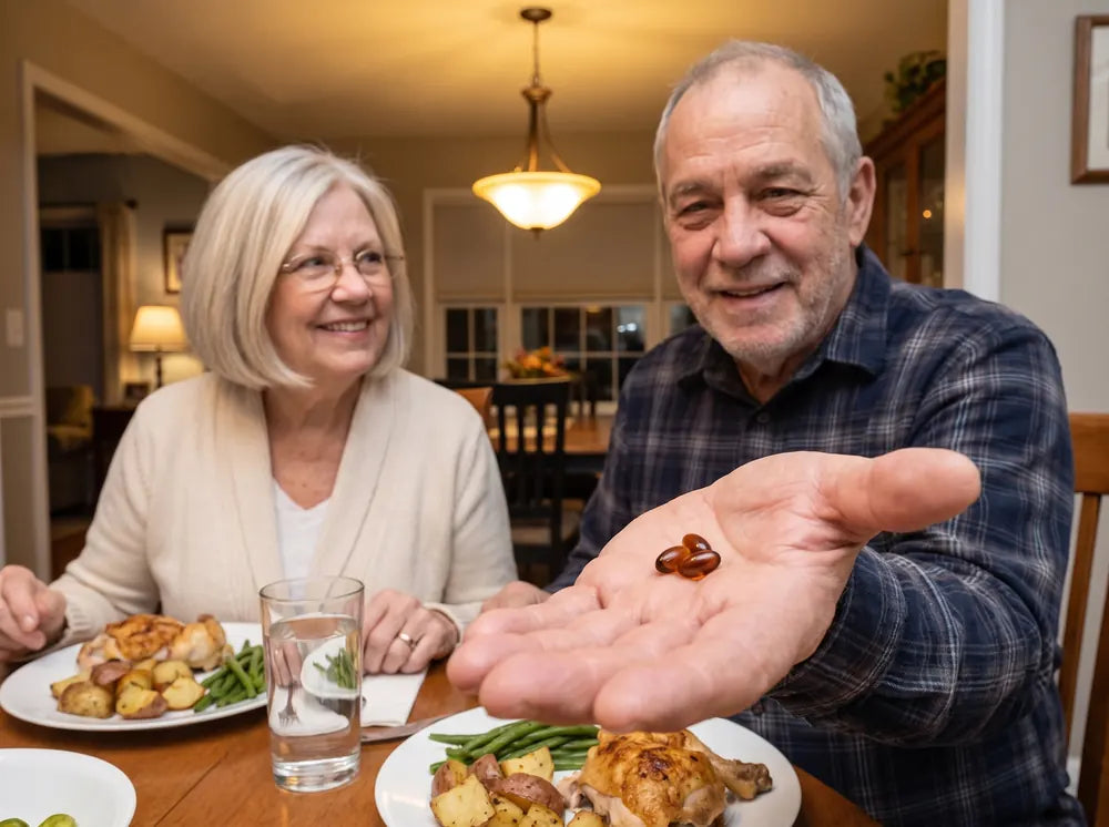 An older couple smiling at the dinner table while the man shows an amber softgel in his palm