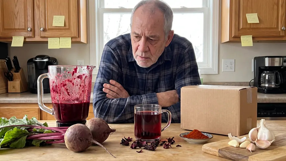 Ron behind a kitchen counter crowded with raw beets, a beet smoothie blender, hibiscus tea, cayenne and garlic, arms folded