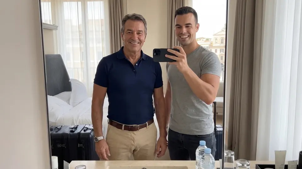 Frank in a fitted navy polo and chinos taking a hotel mirror selfie with his son, both smiling