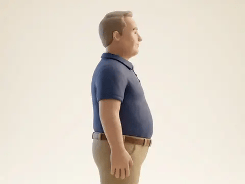 Looping render: a man's belly pushing out against his belt by evening