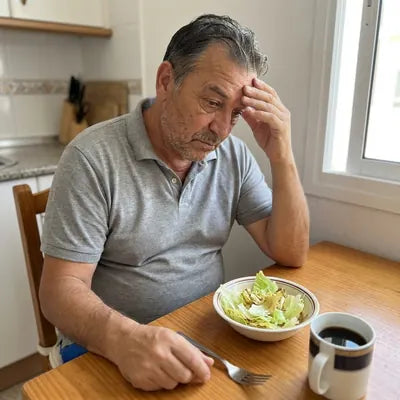 A 64-year-old man at his kitchen table staring at a small dry salad and a black coffee, tired and unconvinced