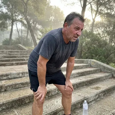 The same man bent over halfway up outdoor stairs, red-faced and out of breath in a sweat-soaked t-shirt
