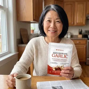 Resilia customer holding the Aged Odorless Garlic pouch