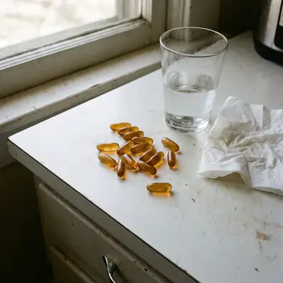Large fish oil capsules spilled on a kitchen counter