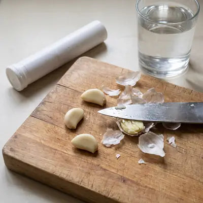 Raw garlic cloves crushed on a cutting board next to antacids