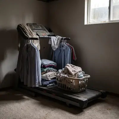A basement treadmill covered in folded laundry