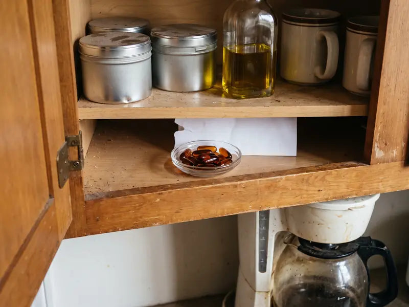 An almost empty kitchen cabinet with two tea tins, olive oil and a small glass dish of dark amber softgels