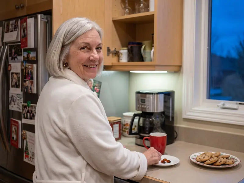 Denise in a white robe at 6 a.m. setting a saucer with two dark softgels next to a red coffee mug, glancing back with a smile