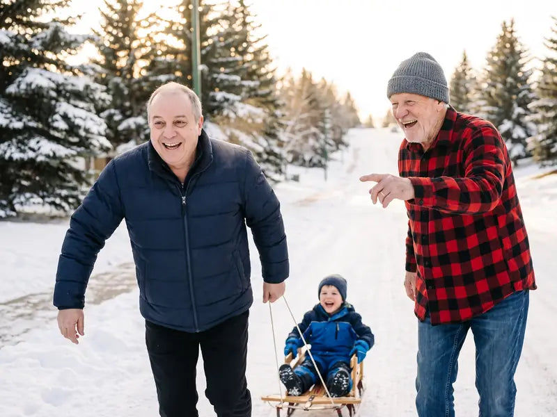 Mike, rosy and grinning, pulling his grandson's sled up a snowy hill with Frank beside him