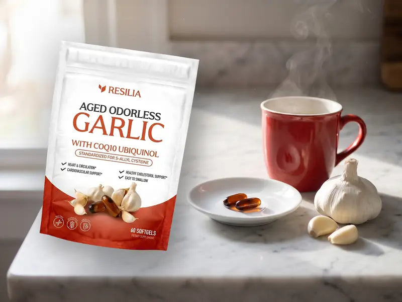 Resilia Aged Odorless Garlic pouch over a marble kitchen counter with coffee, garlic and two dark softgels
