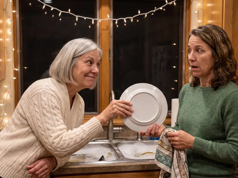 Denise handing Lisa a wet plate at the kitchen sink after Christmas dinner, mid-sentence, with a teasing smile