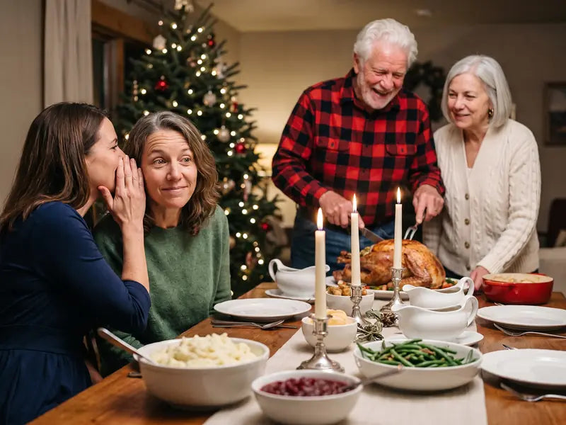 Lisa's sister-in-law whispering to her behind her hand at Christmas dinner while Frank carves the roast and laughs at the end of the table