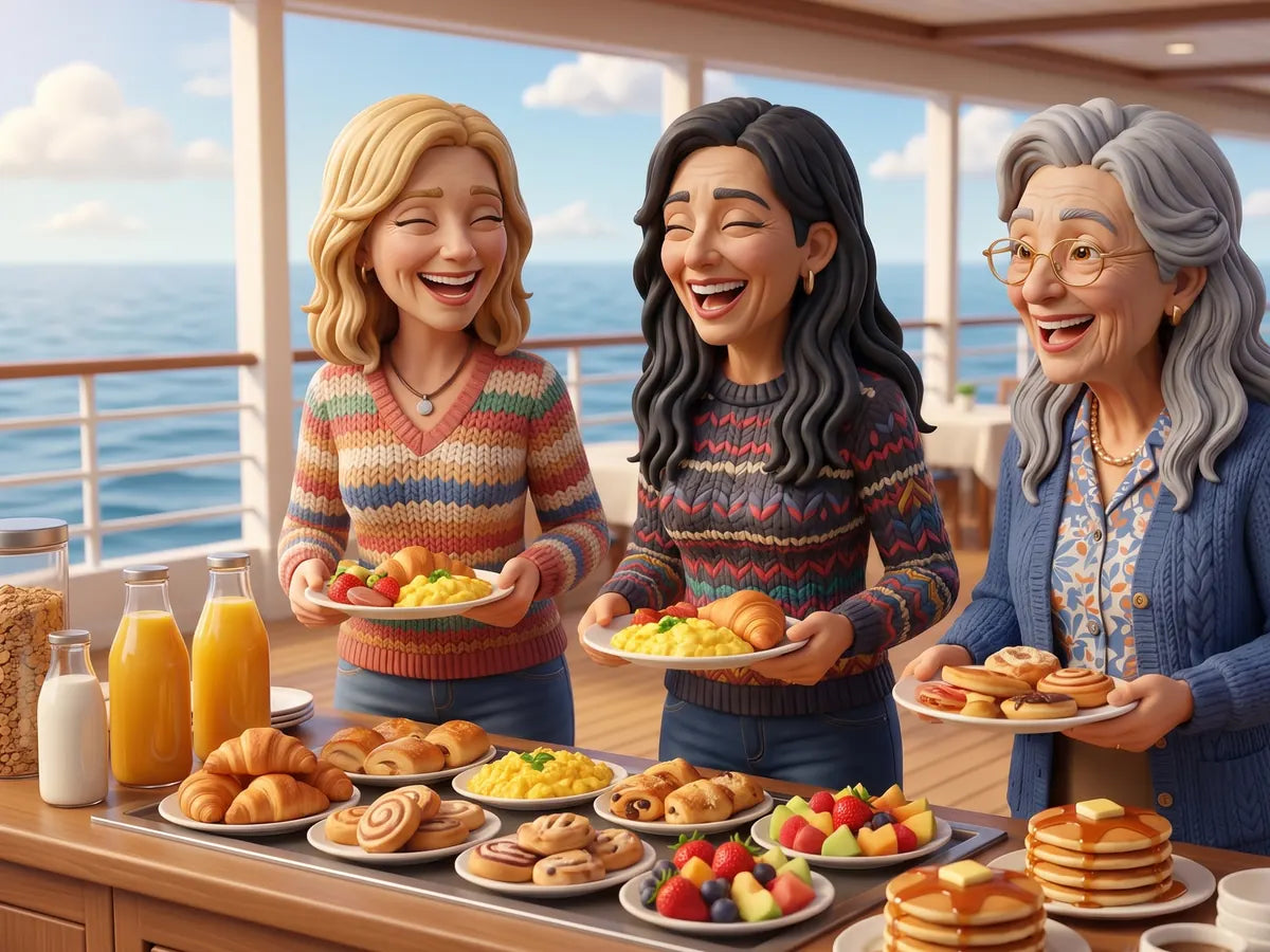 The honey-blonde, dark-haired and grey-haired women laughing as they load their plates high at the breakfast buffet