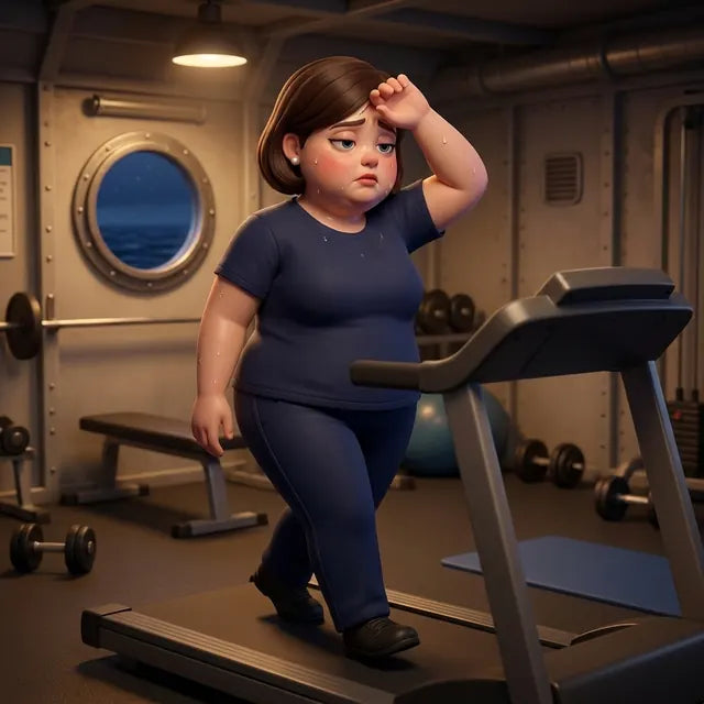 The officer exhausted on a treadmill in the crew gym at midnight