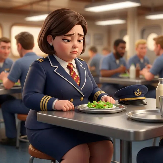 The officer staring at a tiny lettuce salad on a steel tray