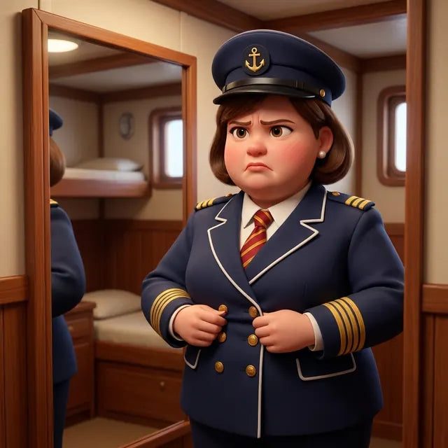 The officer in her cabin mirror struggling to close a bigger uniform jacket