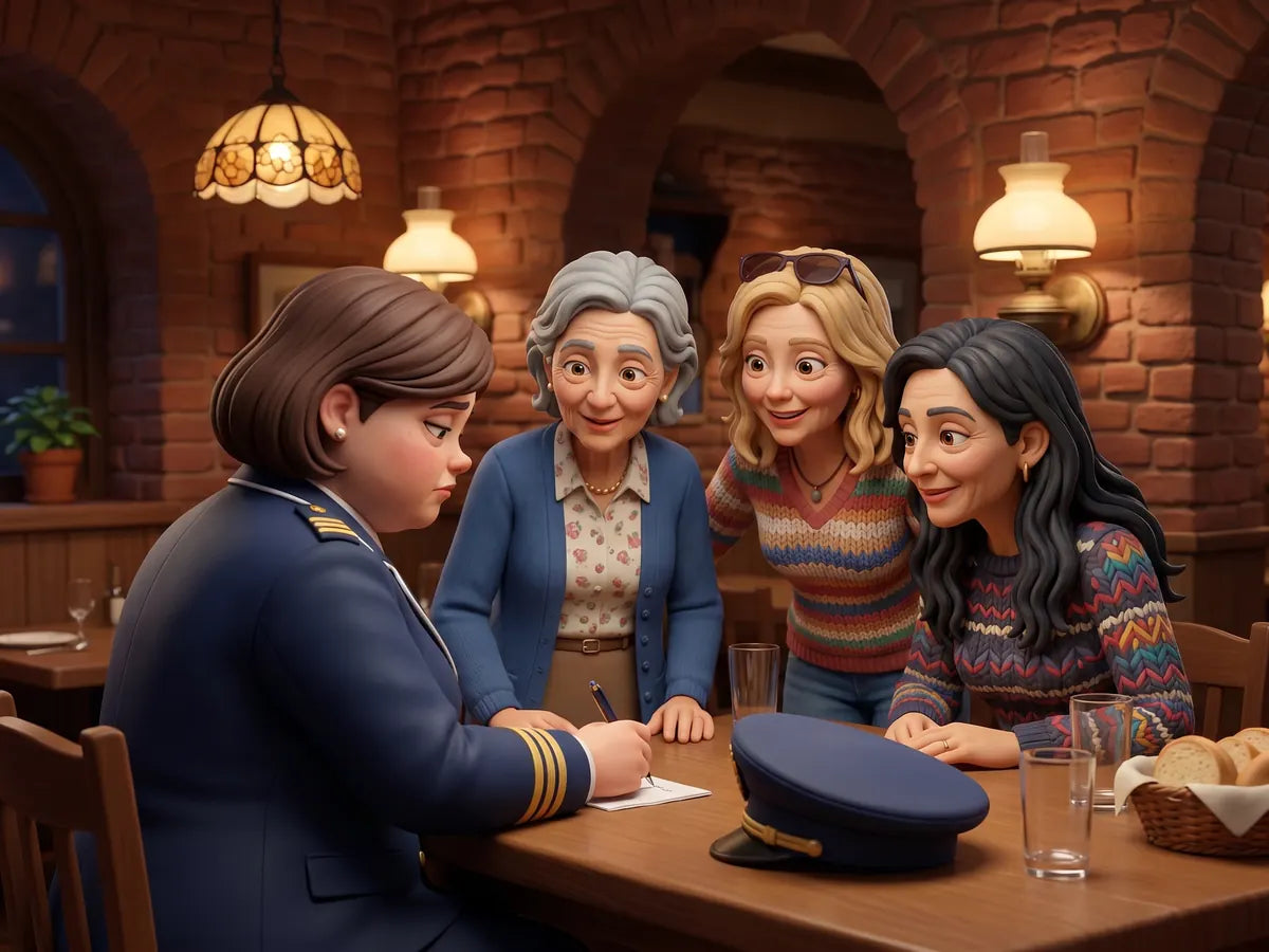 The officer writing on a cocktail napkin while the three women lean in, smiling