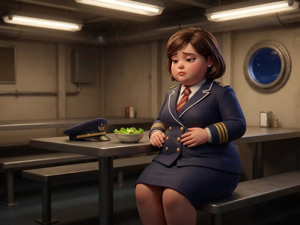 The ship officer alone in the crew mess at night with a small salad, one hand on her stomach, looking miserable